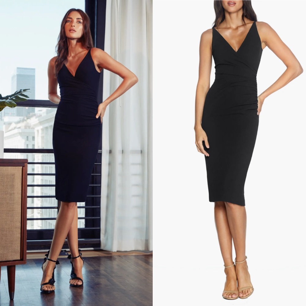 NEW DRESS THE POPULATION Anita BLACK Crepe RUCHED Cocktail SHEATH Midi DRESS XXS